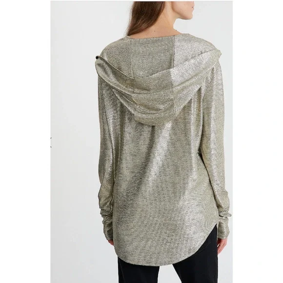 Balmain Silver Metallic Draped Hooded Top – Size M (US 8 / FR 40)